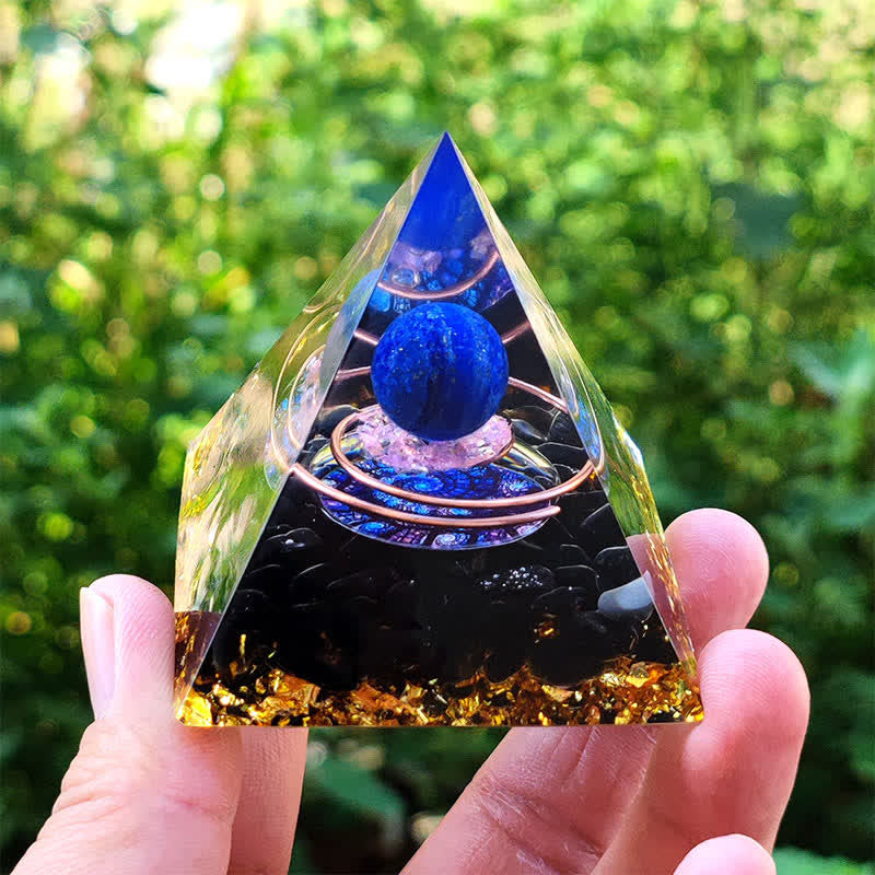 Olivenorma Lapislazuli-Sphäre mit Obsidian-Orgon-Pyramide