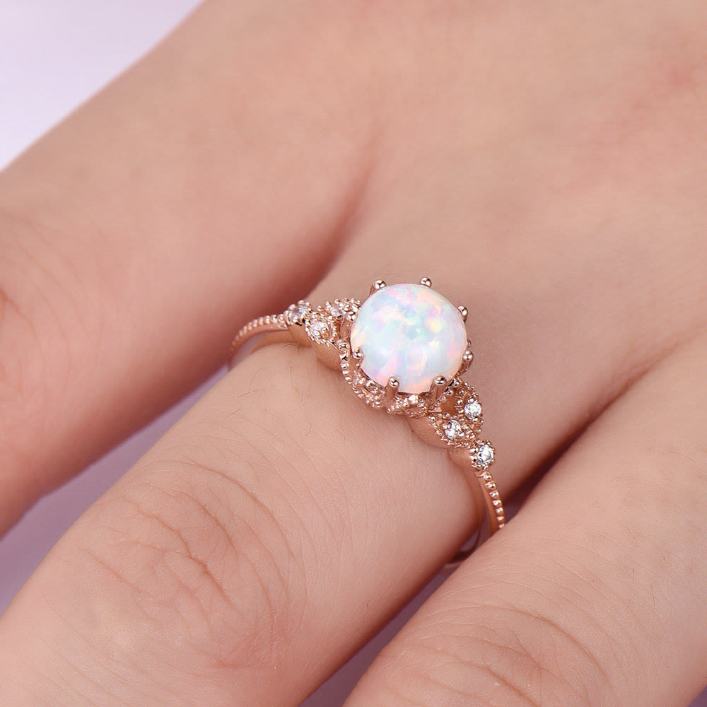 Olivenorma Runder Mondstein Opal Weißer Zirkon Ring 