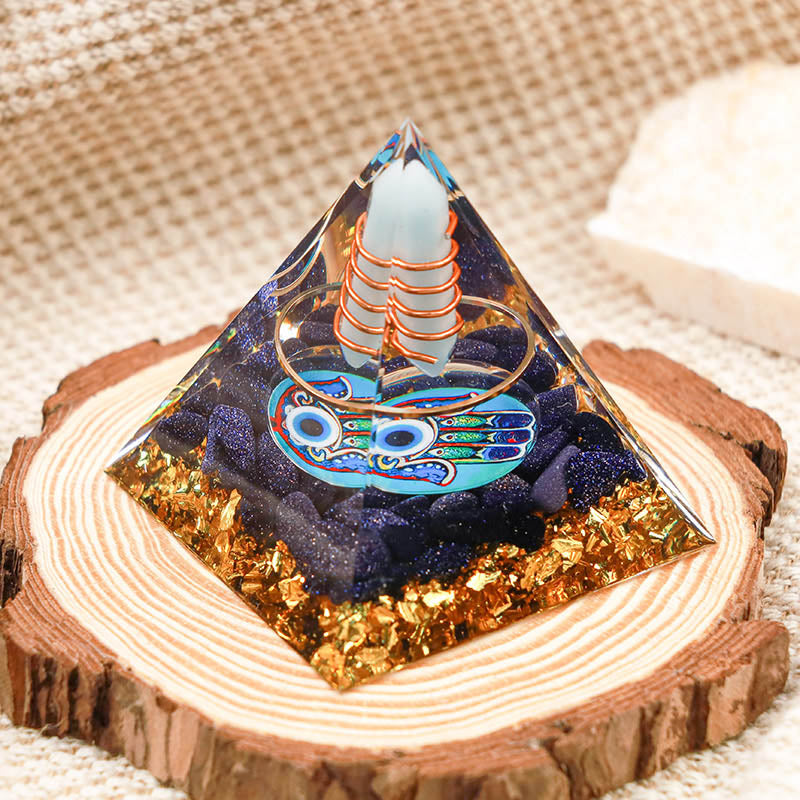 Olivenorma Aquamarin Säule Hamsa Böser Blick Orgon-Pyramide