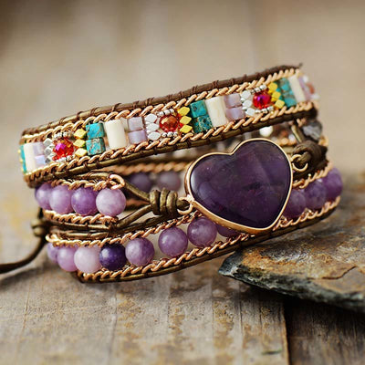 Olivenorma Amethyst Herz Charm Perlen Wickelarmband