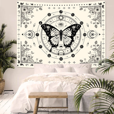 Olivenorma Black Butterfly Moon Flower Beige Wandteppich