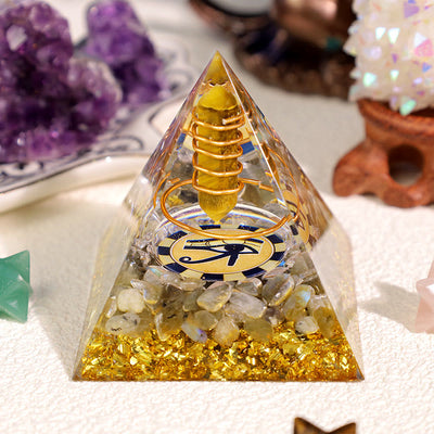 Olivenorma Tiger Eye Labradorit Auge des Horus-Orgone-Pyramide