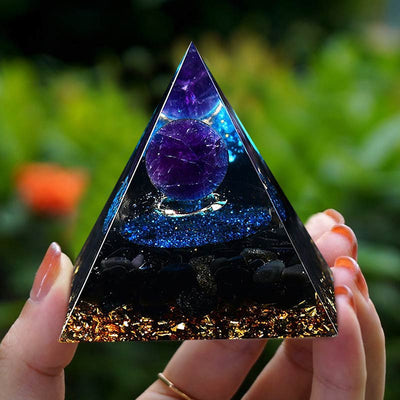 Olivenorma Amethystkugel mit Blauer Quarz Reki Orgon-Pyramide 