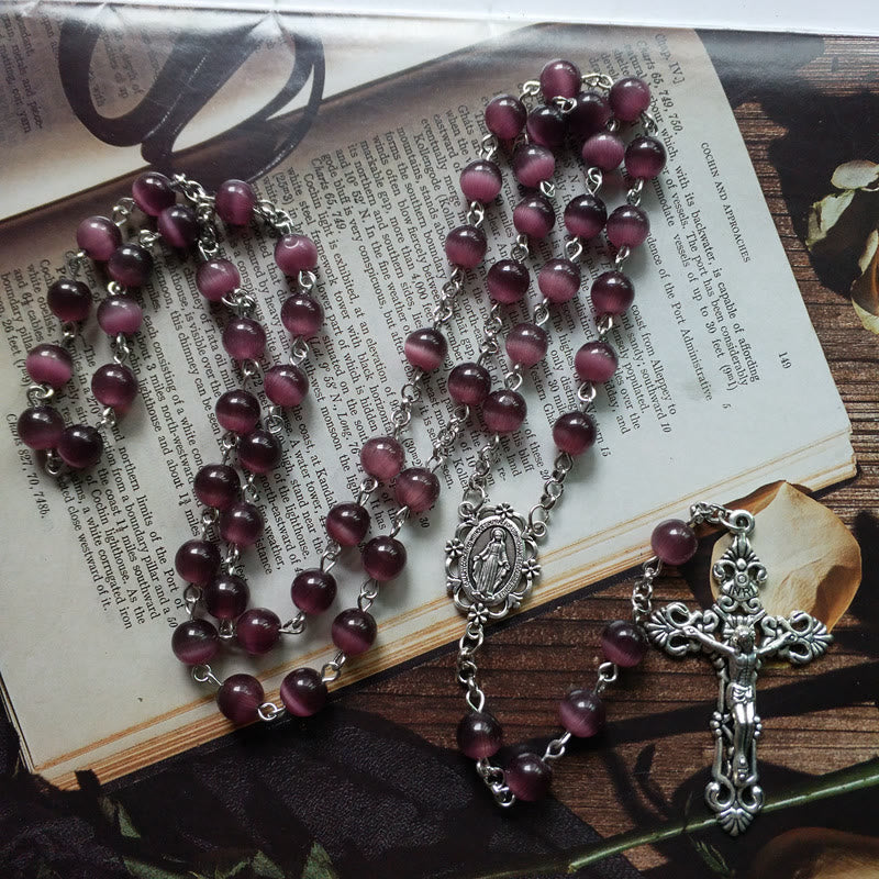 Olivenorma Lila Katzenauge Stein Kreuz Rosenkranz Halskette - image 1
