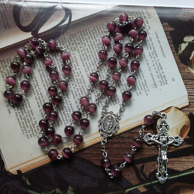 Olivenorma Lila Katzenauge Stein Kreuz Rosenkranz Halskette - image 1