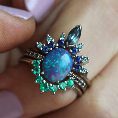 Olivenorma Saphir mit Opal 3-teiliges Ringset 