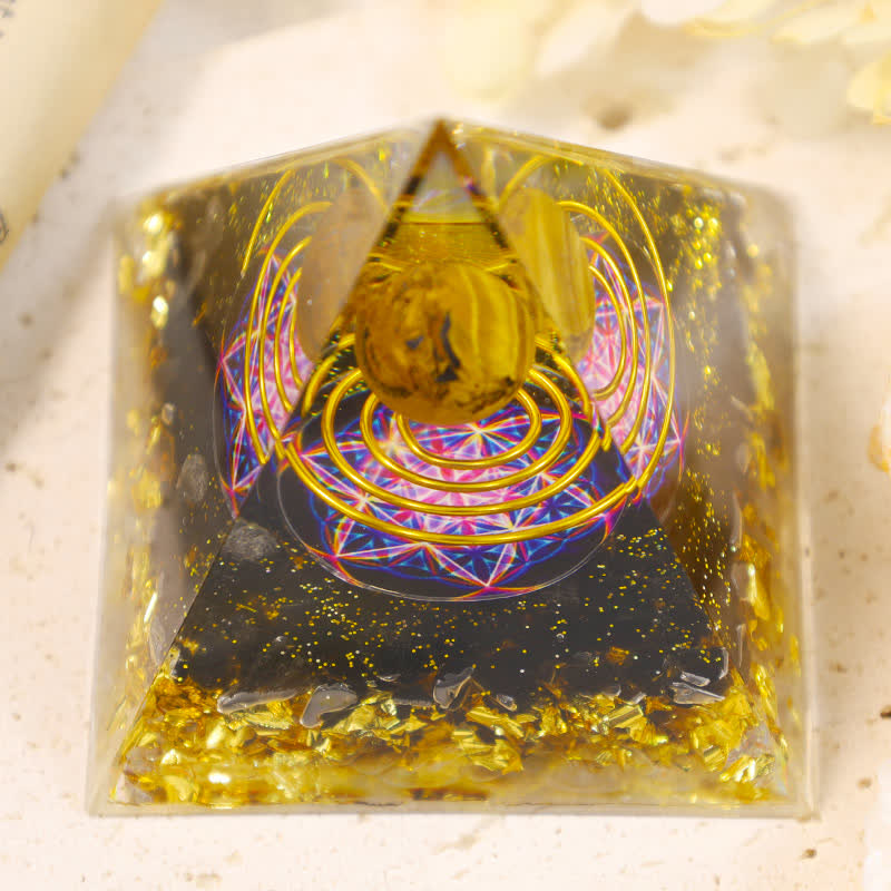 Olivenorma Tigerauge Kugel Metatrons Würfel Orgone Pyramide