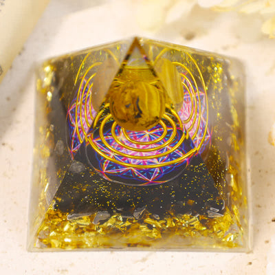 Olivenorma Tigerauge Kugel Metatrons Würfel Orgone Pyramide