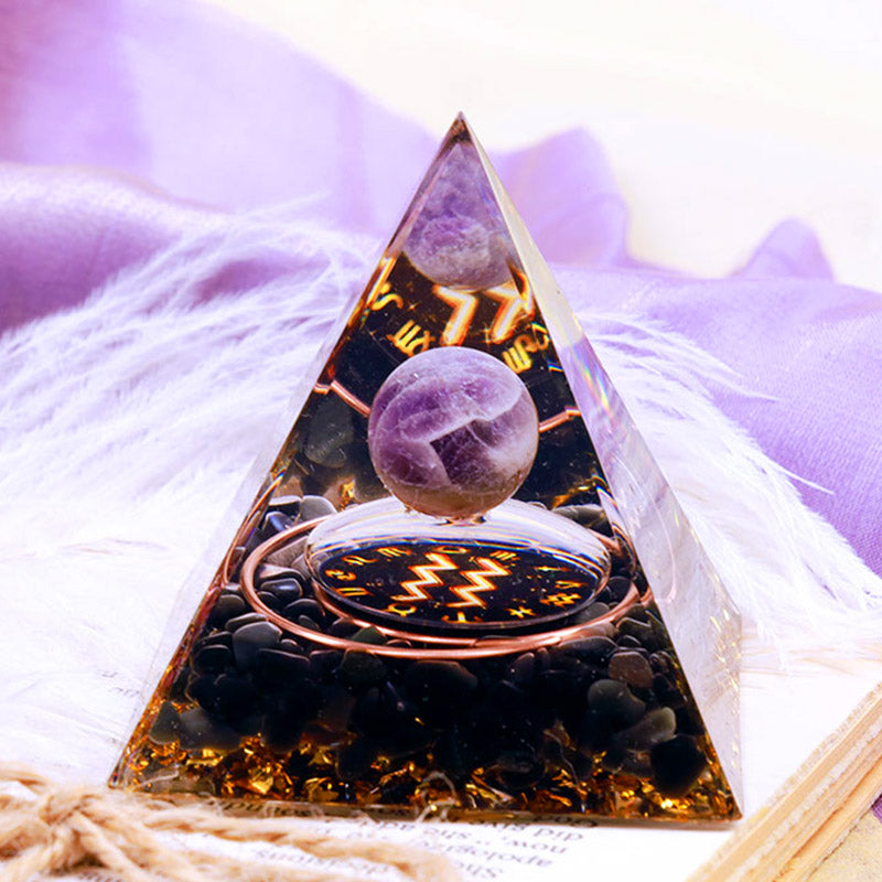 Olivenorma Amethyst-Kugel mit Obsidian-Zodiac-Wassermann-Orgon-Pyramide