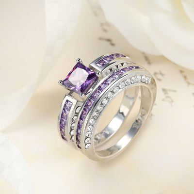 Olivenorma Amethyst Weiß Zirkon Ring Set Paar von Ringen