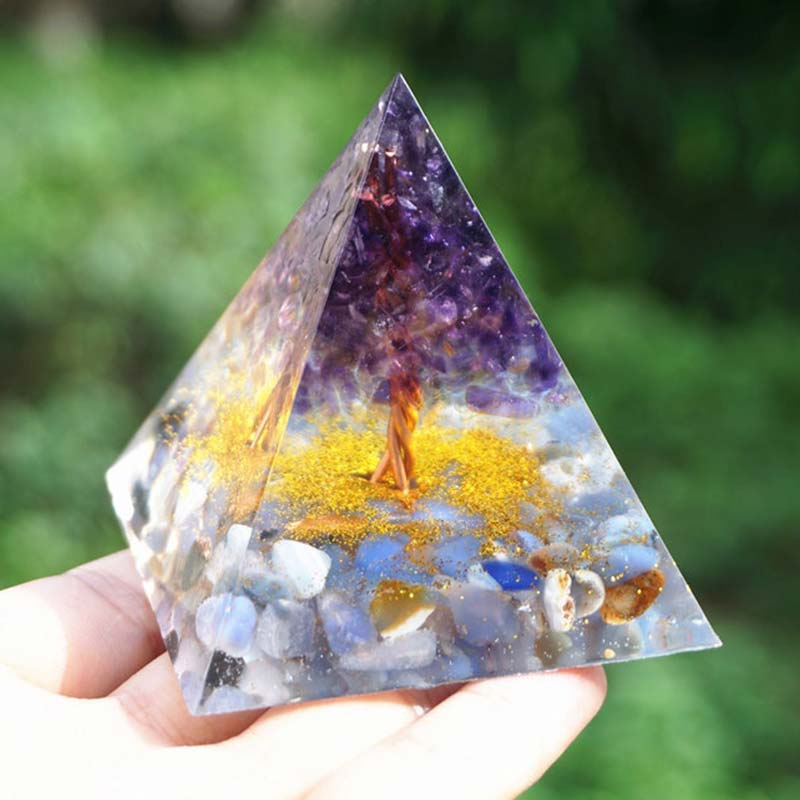 Olivenorma Amethyst Blau Spitze Achat Baum des Lebens Orgon Pyramide