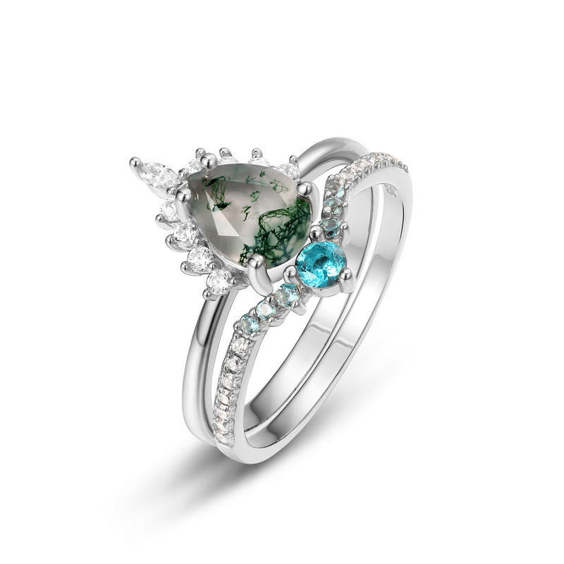 Olivenorma Moosachat Paraiba Turmalin 2 Stück 925 Silber Ring