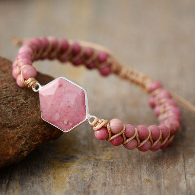 Olivenorma Hexagon Aquamarin Rhodochrosit Wickelarmband 