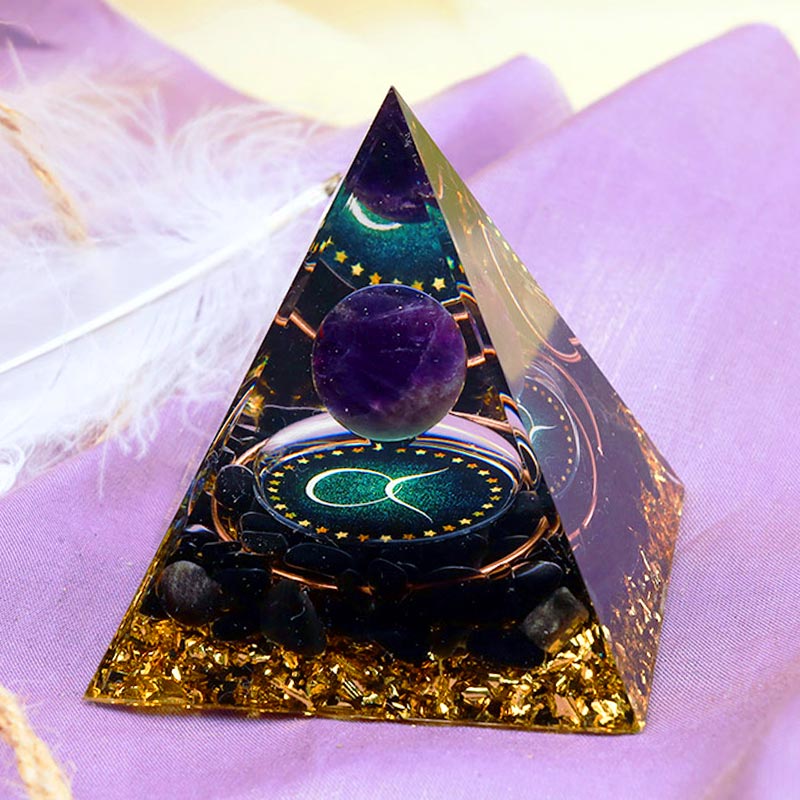 Olivenorma Amethystkugel mit Obsidian-Zodiac-Stier-Orgonpyramide 