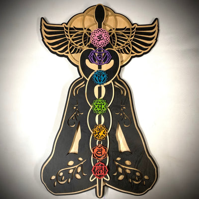 Olivenorma Kundalini Chakra von Hand bemalte, mit Holz gebeizte Wanddekoration