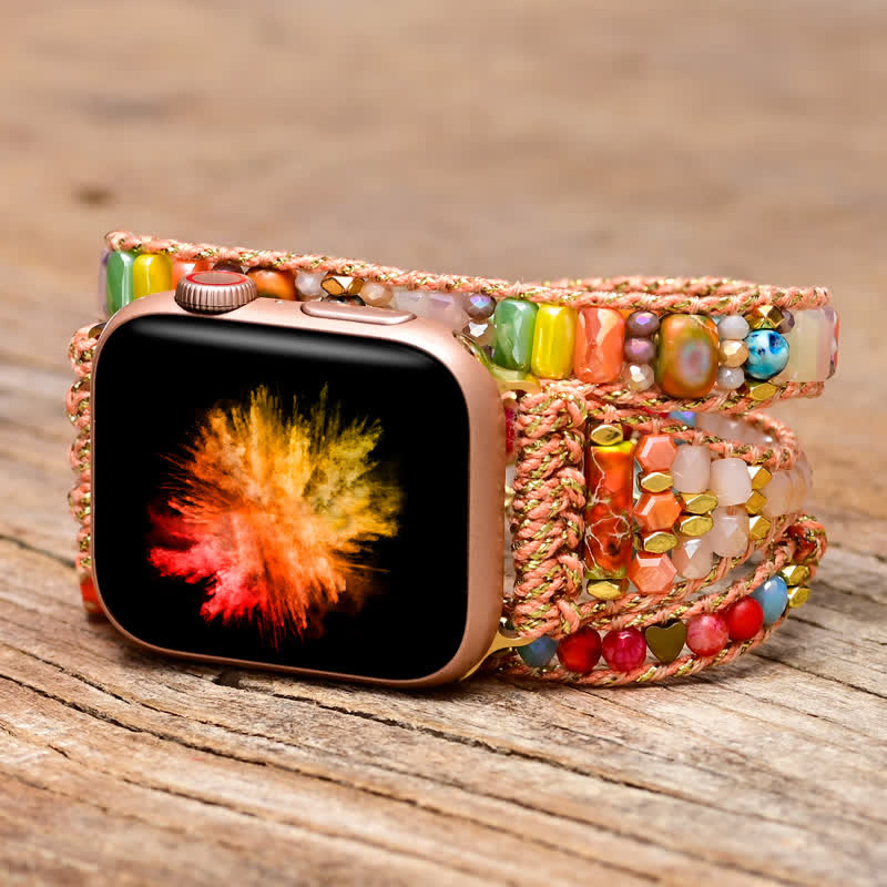 Olivenorma Apple-Watch-Armband, Wickelarmband, natürlicher rosa Kristall, farbige Edelsteine