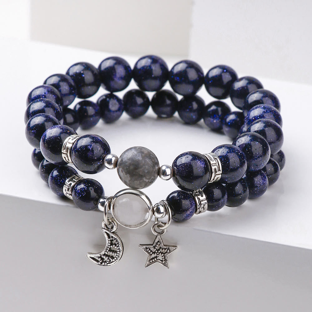 Olivenorma Blauer Sandstein Obsidian 6mm Perlen Sterne und Mond Armband