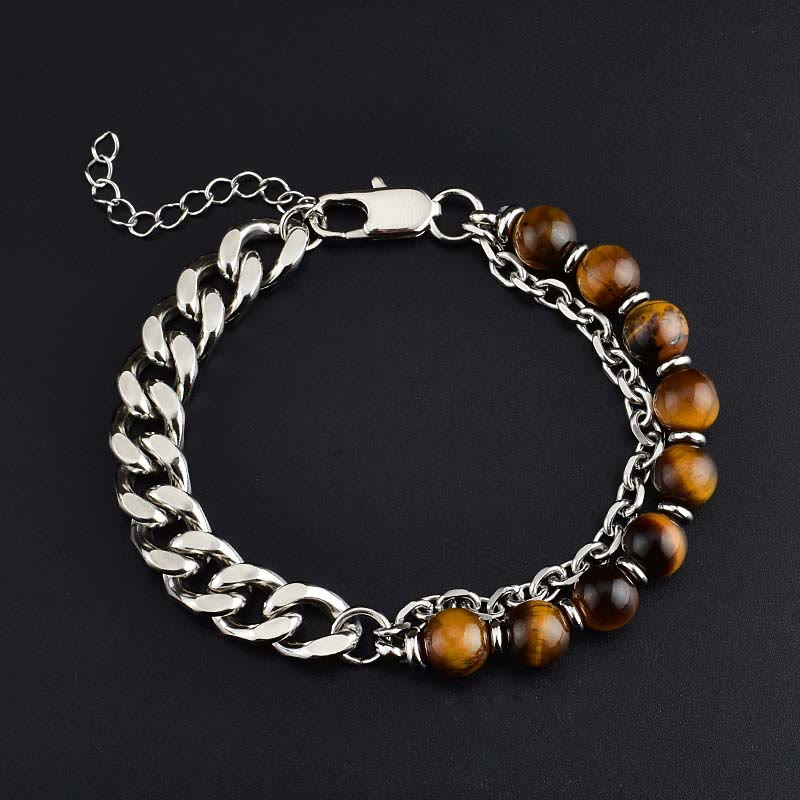 Olivenorma facettiertes Armband aus schwarzem Onyx Tigerauge Edelstahl 