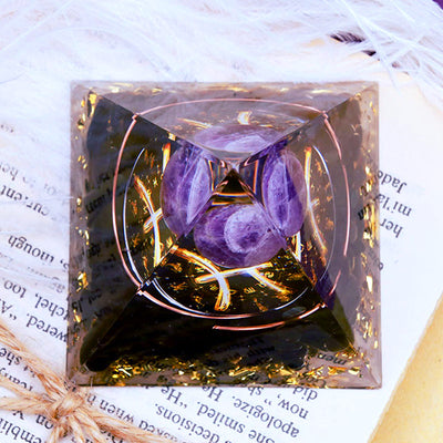 Olivenorma Amethystkugel mit Obsidian Zodiac Pisces Orgone Pyramide