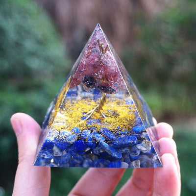 Olivenorma Lapislazuli mit Erdbeerquarz Baum des Lebens Orgonpyramide 