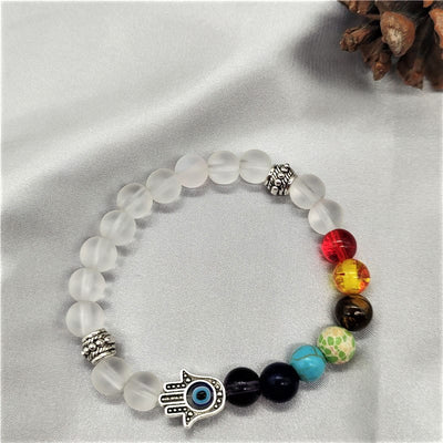 Olivenorma Buntes Chakra Böses Auge Hamsa Perlenarmband