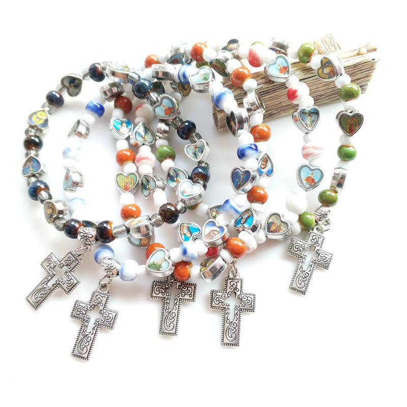 Olivenormacolorful Natursteinperlen Christentum Kreuz Armband 