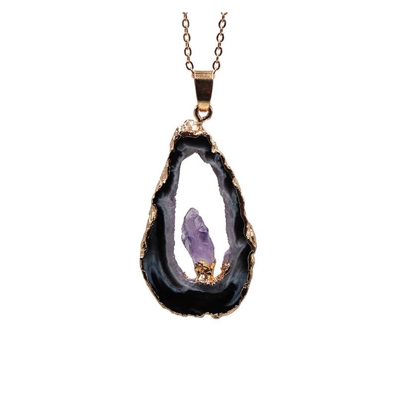 Olivenorma Halskette mit natürlichem Achat und Geode und Amethyst 