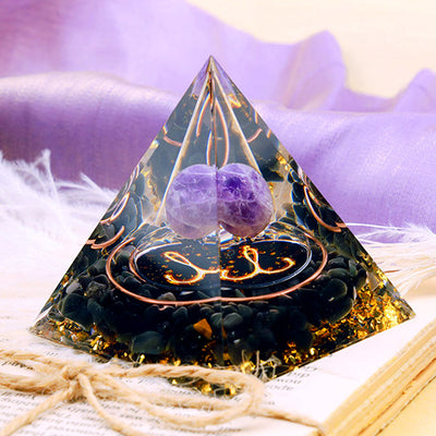 Olivenorma Amethystkugel mit Obsidian-Zodiac-Widder-Orgonpyramide