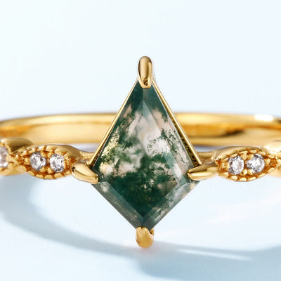 Olivenorma Diamant-Moosachat Weißer Zirkon Vierkrappen-Ring 