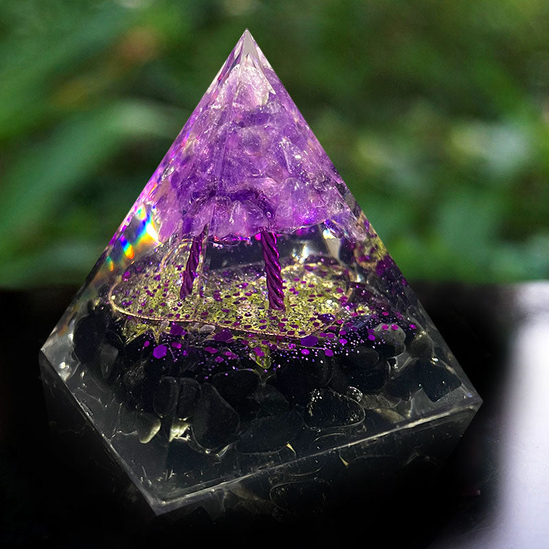 Olivenorma Amethyst-Sphäre mit Obsidian-Orgonpyramide