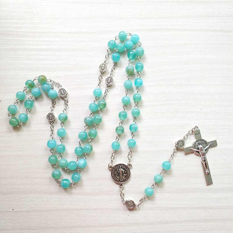 Olivenorma Amazonit-Medaillenkreuz-Rosenkranz-Anhänger-Halskette - image 1