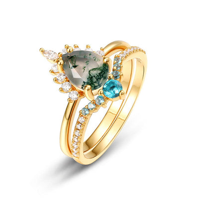 Olivenorma Moosachat Paraiba Turmalin 2 Stück 925 Silber Ring